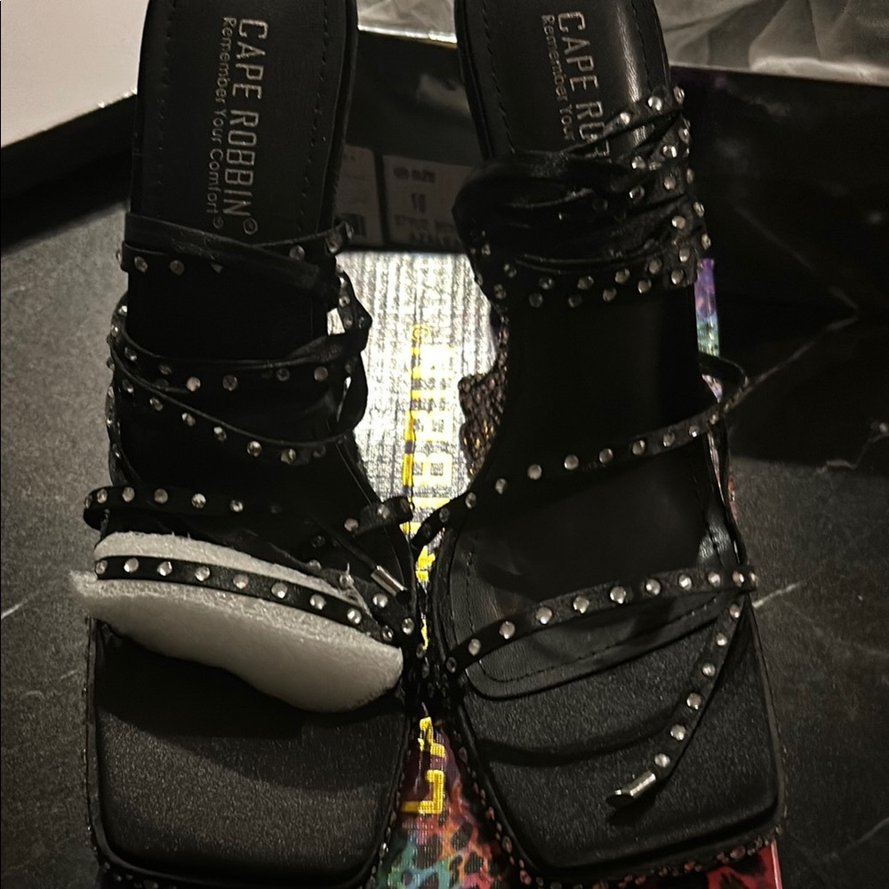 Cape Robbin Black Chunky Heels with Studded Straps